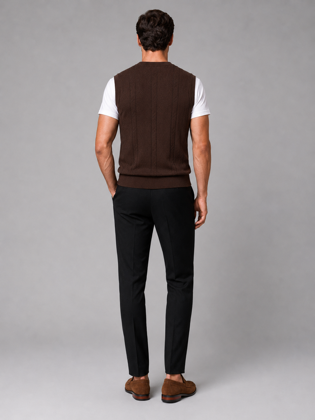Men's sleeveless sweater vest – Brown back view – Edward & Lawsen