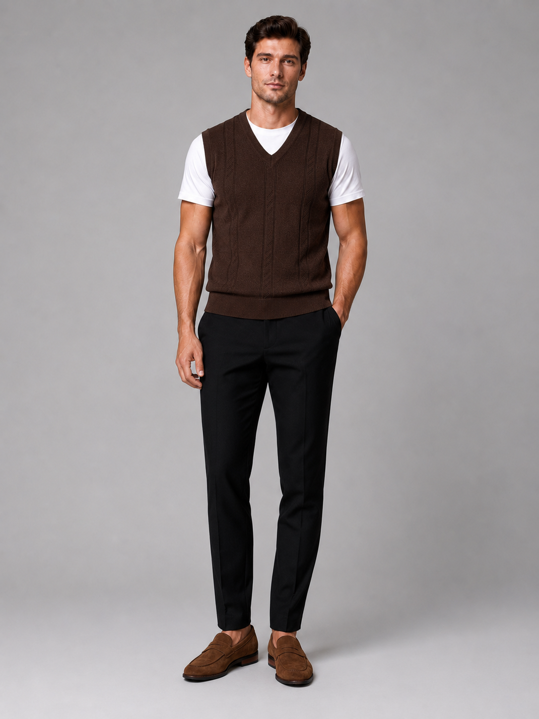 Men's sleeveless sweater vest – Brown full view – Edward & Lawsen