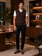 Men's sleeveless sweater vest – Brown lifestyle view – Edward & Lawsen
