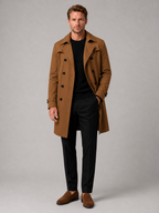 Men's windproof knee-length trench coat – Brown full view – Edward & Lawsen