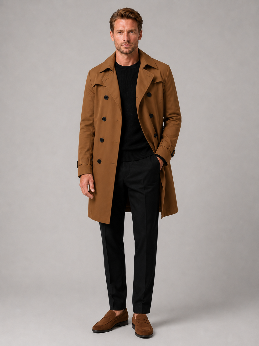 Men's windproof knee-length trench coat – Brown full view – Edward & Lawsen