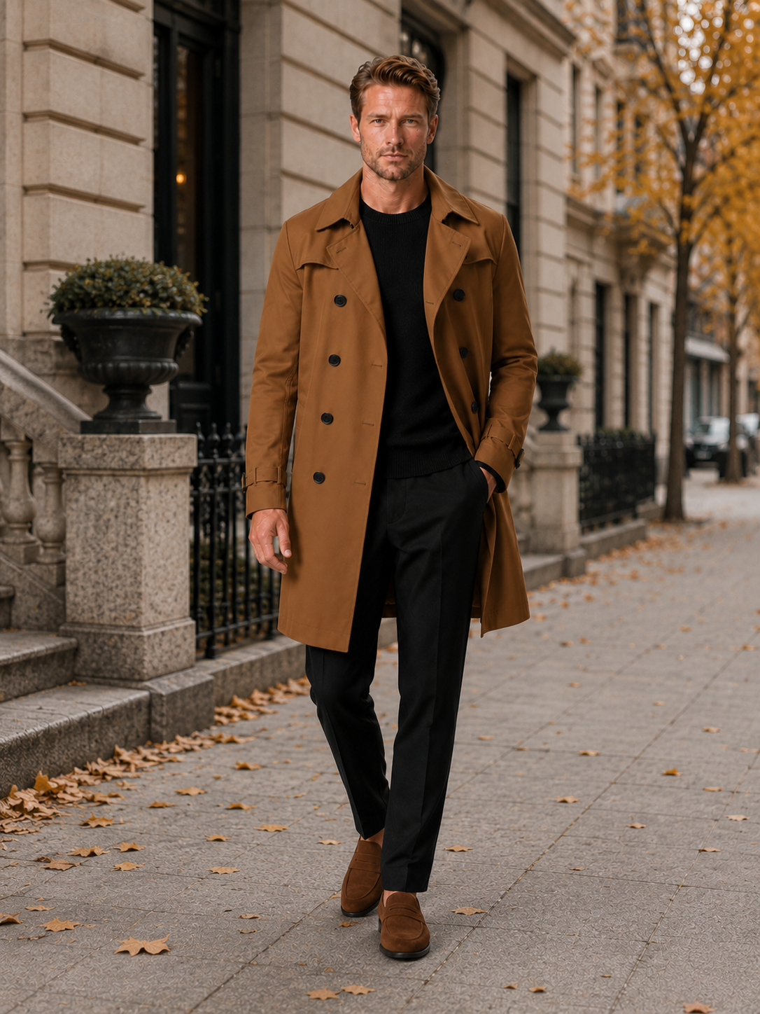 Men's windproof knee-length trench coat – Brown lifestyle view – Edward & Lawsen