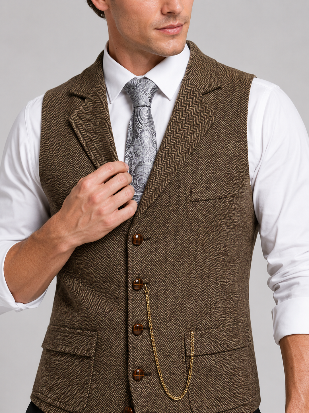 Men's herringbone suit vest – Brown detail view – Edward & Lawsen