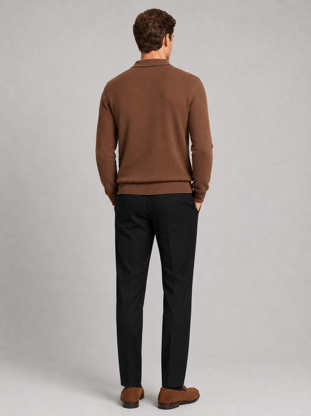 Men's wool Johnny collar polo sweater – Brown back view – Edward & Lawsen