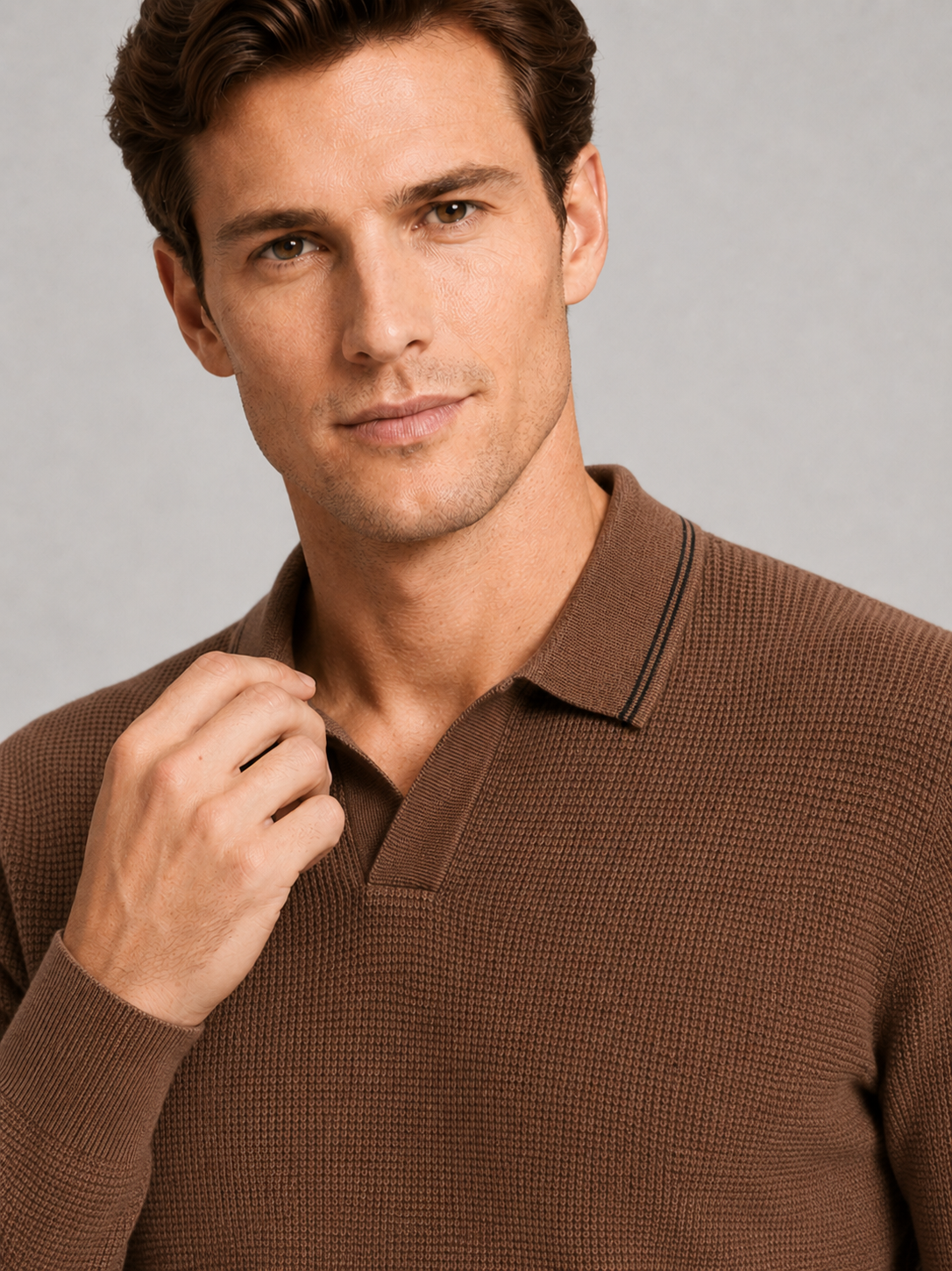 Men's wool Johnny collar polo sweater – Brown detail view – Edward & Lawsen