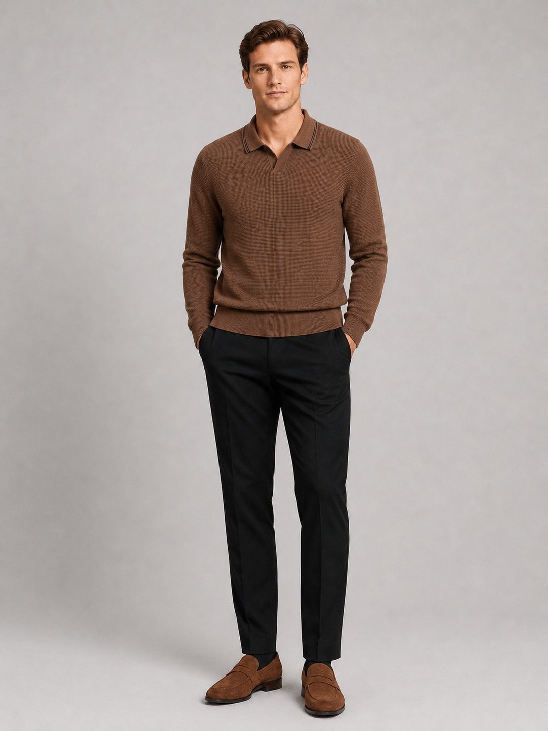 Men's wool Johnny collar polo sweater – Brown full view – Edward & Lawsen