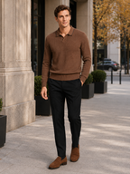 Men's wool Johnny collar polo sweater – Brown lifestyle view – Edward & Lawsen