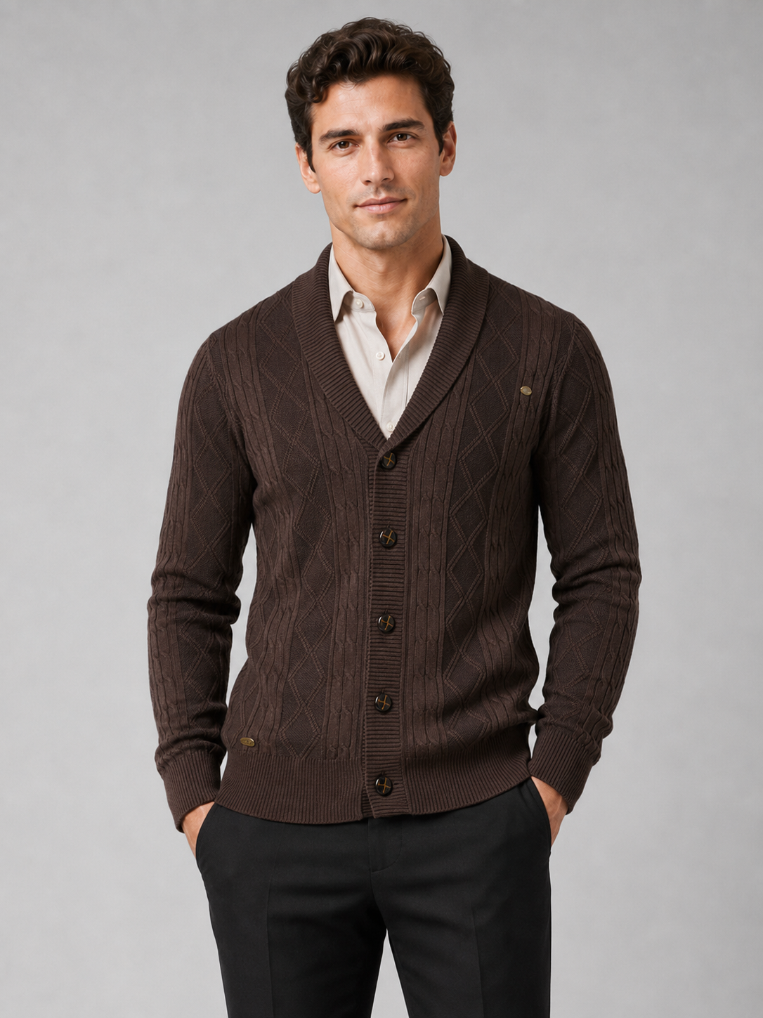 Men's argyle cable knit cardigan – Brown front view