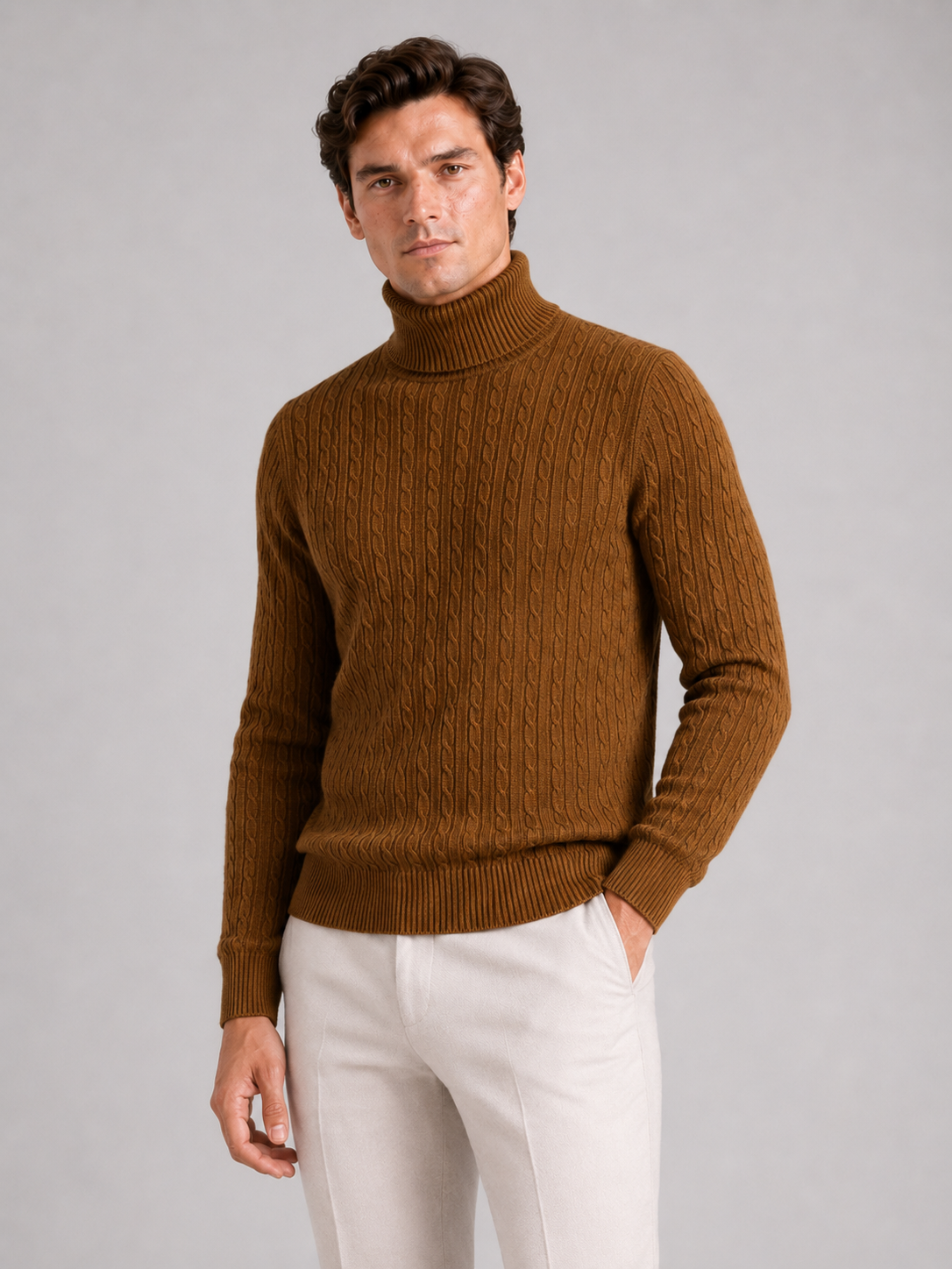 Men's cable knit turtleneck sweater – Brown front view – Edward & Lawsen