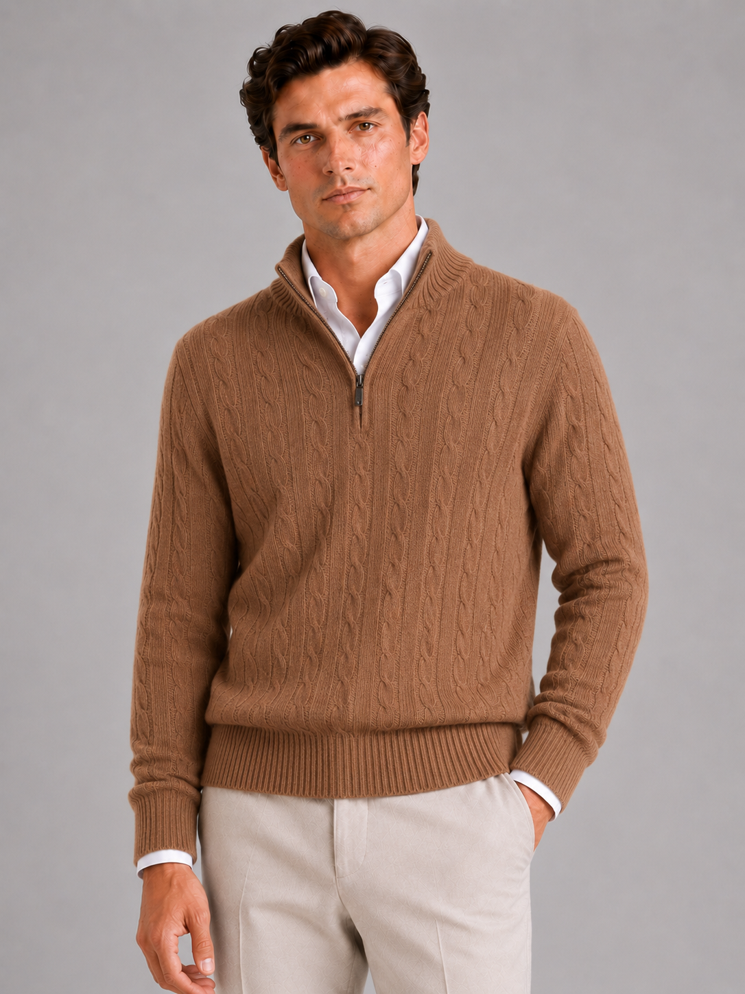 Men's cashmere quarter-zip mock neck sweater – Brown front view – Edward & Lawsen
