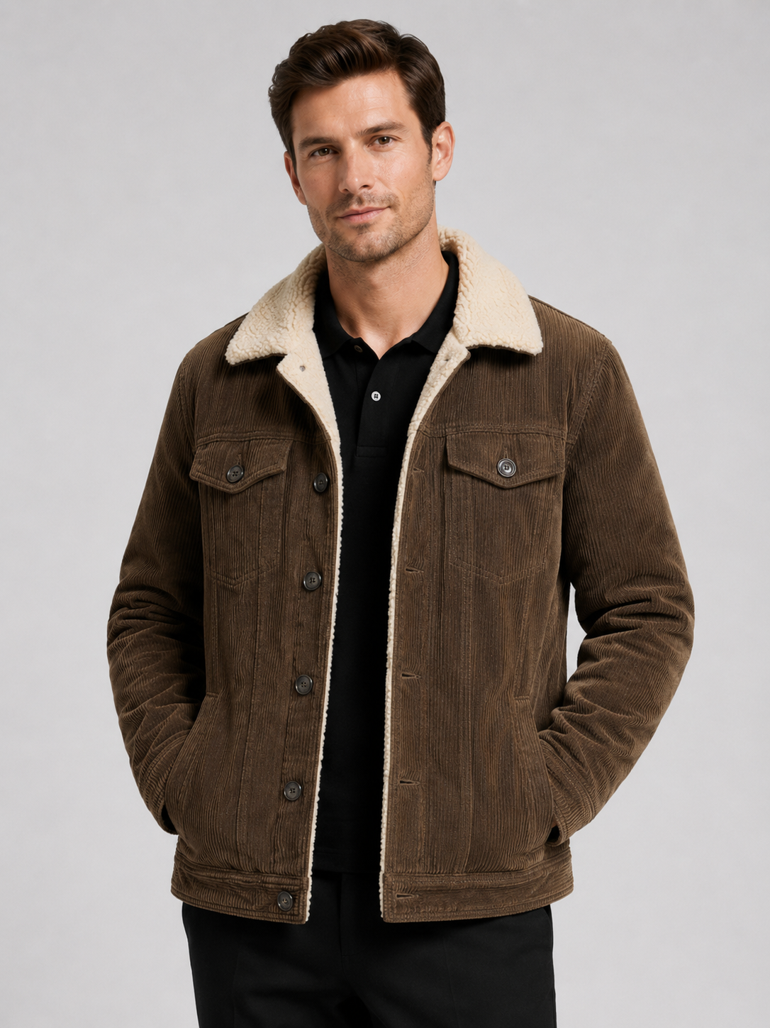 Men's padded corduroy jacket – Brown front view – Edward & Lawsen
