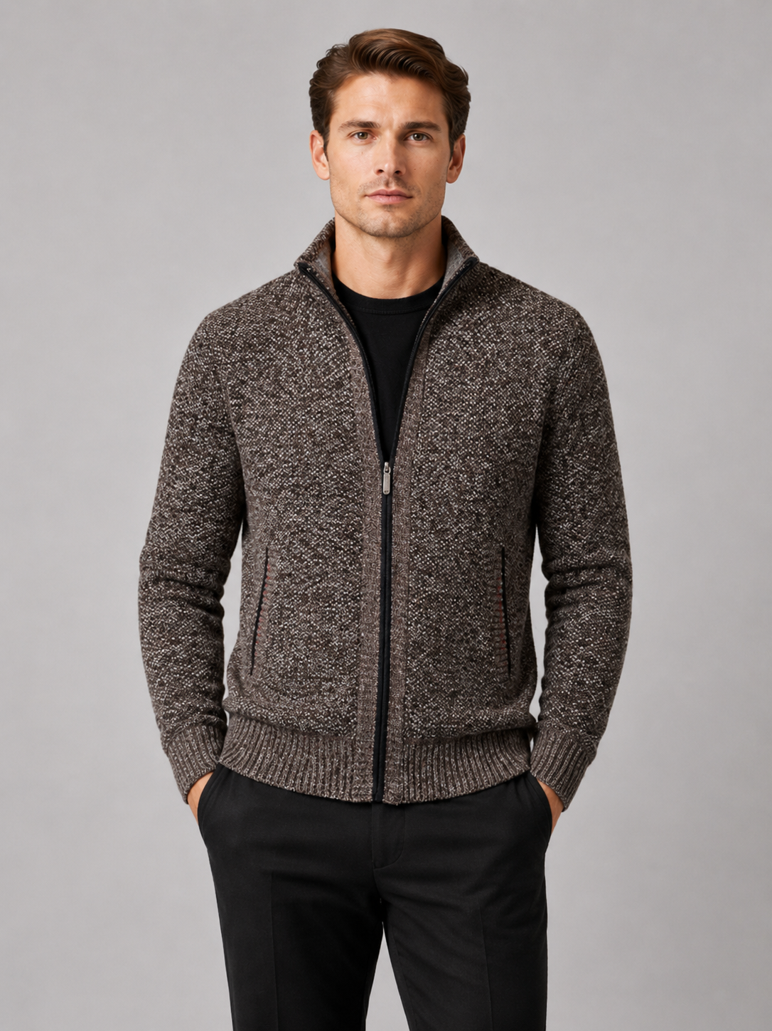 Men's fleece cardigan – Brown front view – Edward & Lawsen
