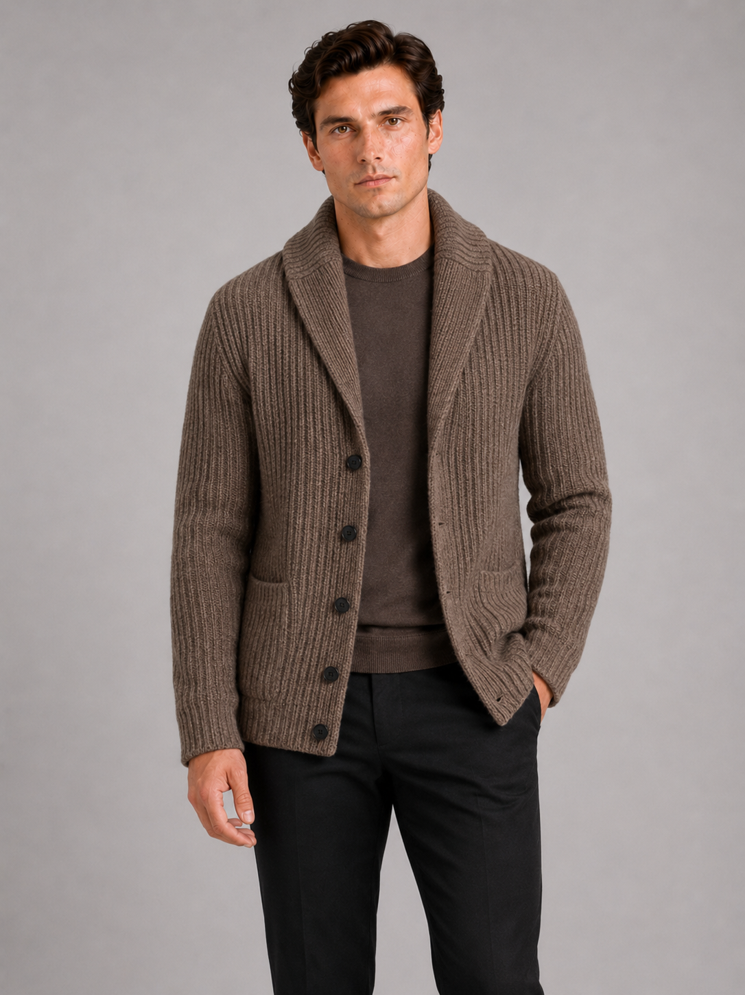 Men's knit cardigan – Brown front view – Edward & Lawsen