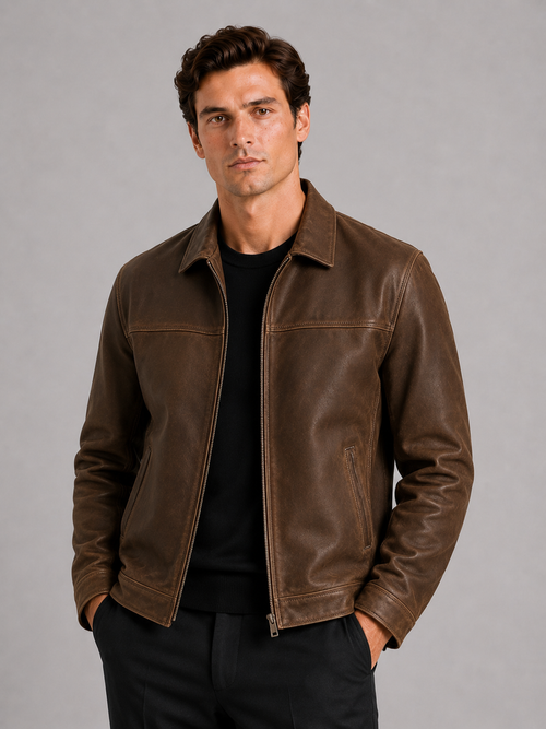 Men's leather flight jacket – Brown front view – Edward & Lawsen