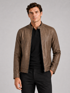 Men's leather moto jacket – Brown front view – Edward & Lawsen