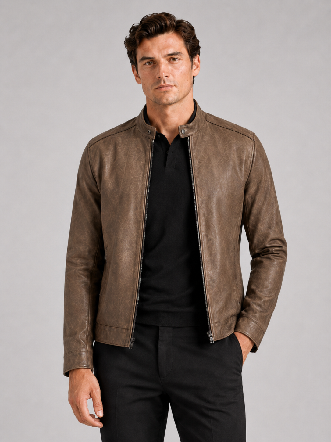 Men's leather moto jacket – Brown front view – Edward & Lawsen
