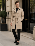 Men's windproof belted double-breasted trench coat – Khaki lifestyle view – Edward & Lawsen