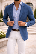 Men's knit blazer – Blue front view – Edward Lawson