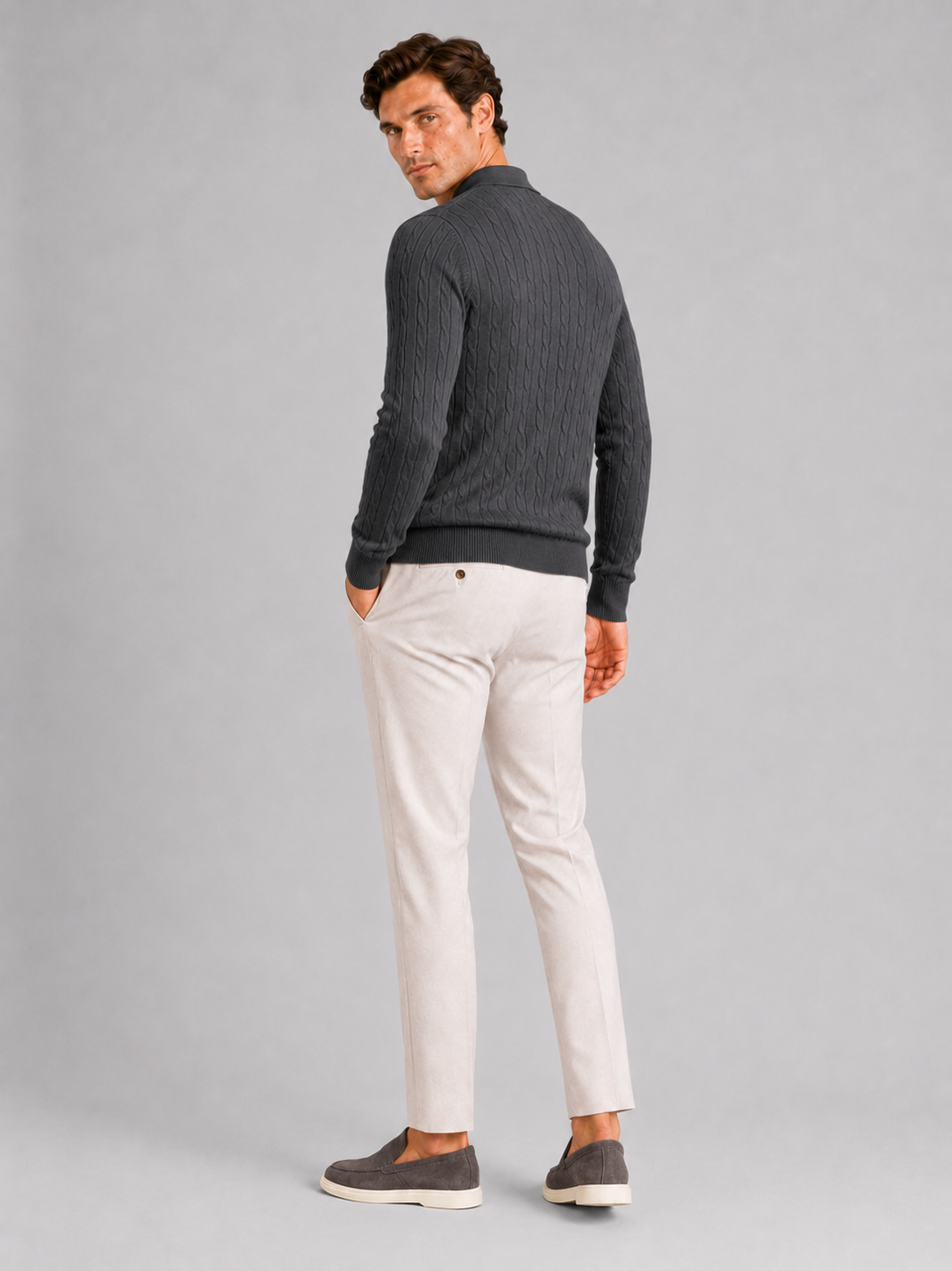 Men's cable knit V-neck polo – Dark Gray back view – Edward & Lawsen