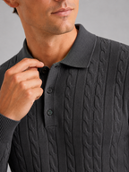 Men's cable knit V-neck polo – Dark Gray detail view – Edward & Lawsen