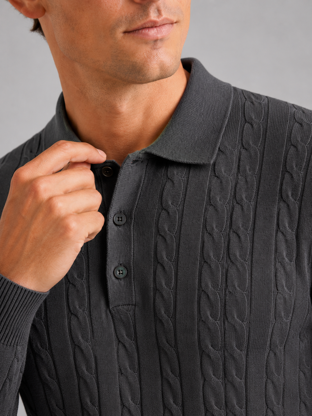 Men's cable knit V-neck polo – Dark Gray detail view – Edward & Lawsen