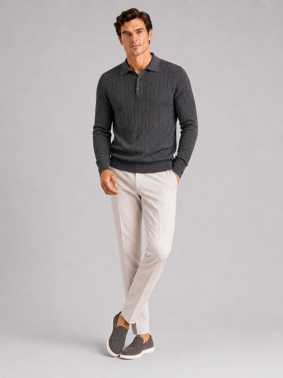 Men's cable knit V-neck polo – Dark Gray full view – Edward & Lawsen