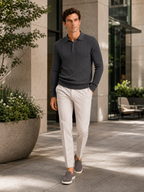 Men's cable knit V-neck polo – Dark Gray lifestyle view – Edward & Lawsen