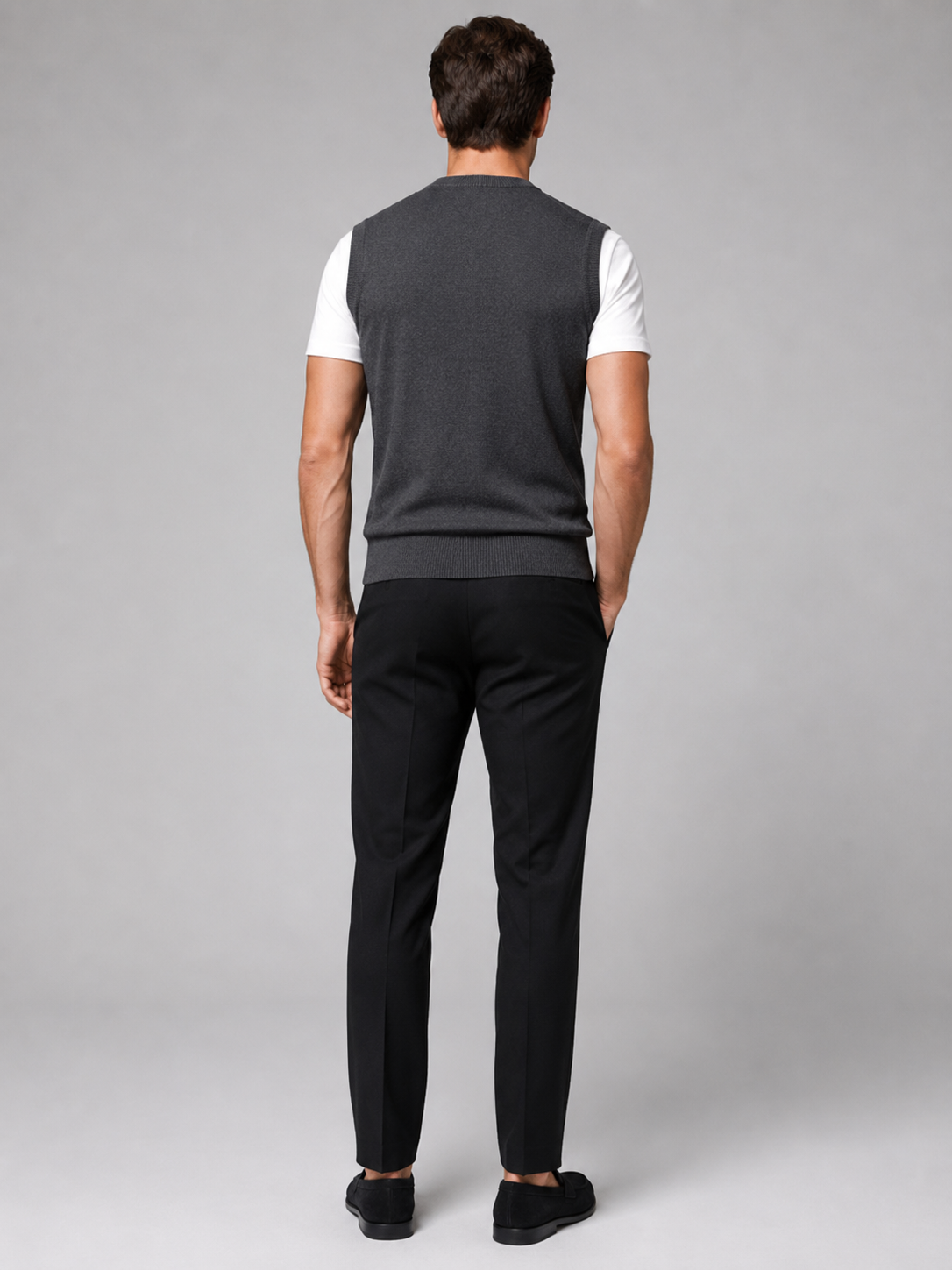 Men's sleeveless sweater vest – Dark Gray back view – Edward & Lawsen