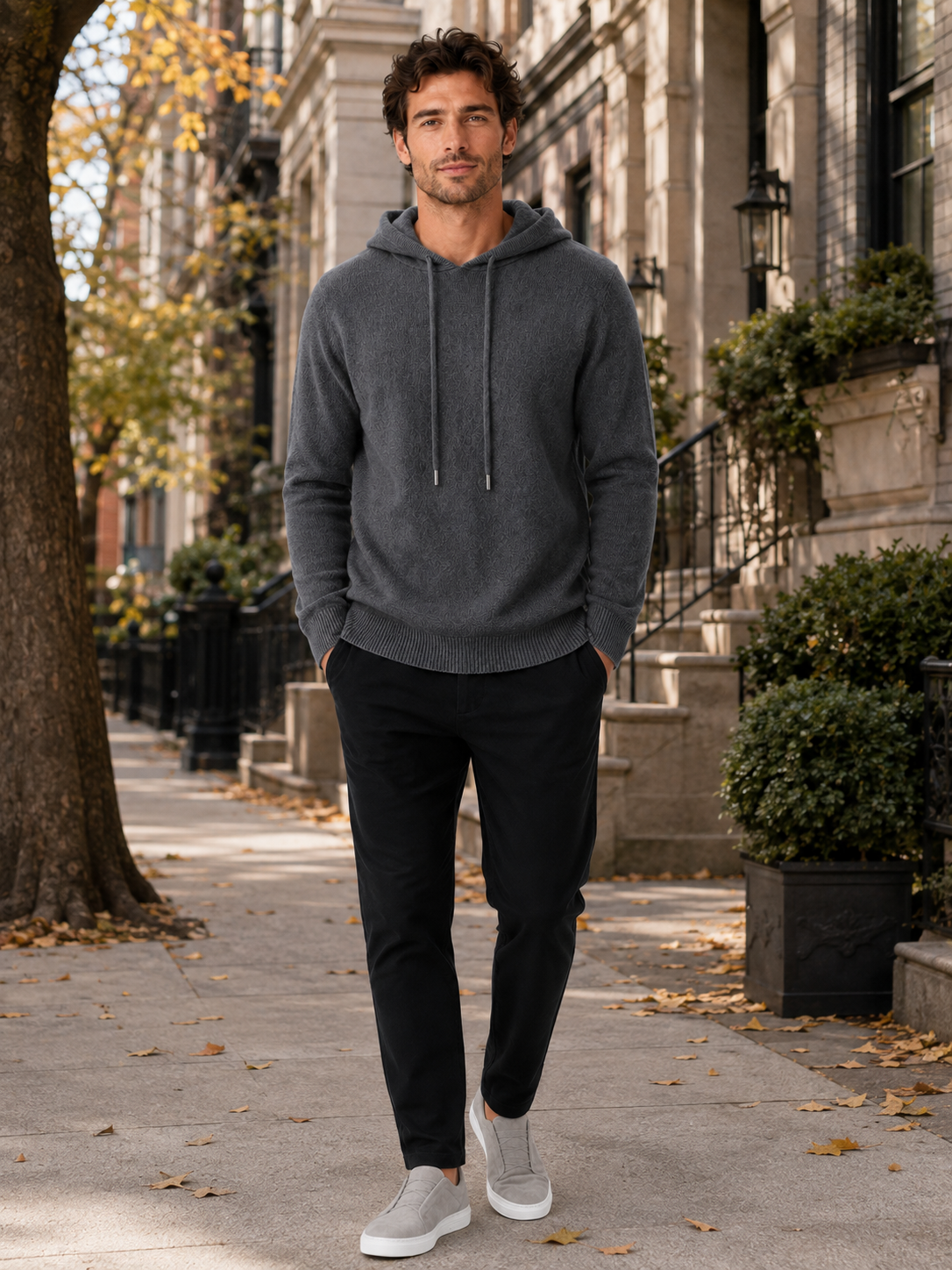 Men's wool hoodie sweater – Dark Gray lifestyle view – Edward & Lawsen