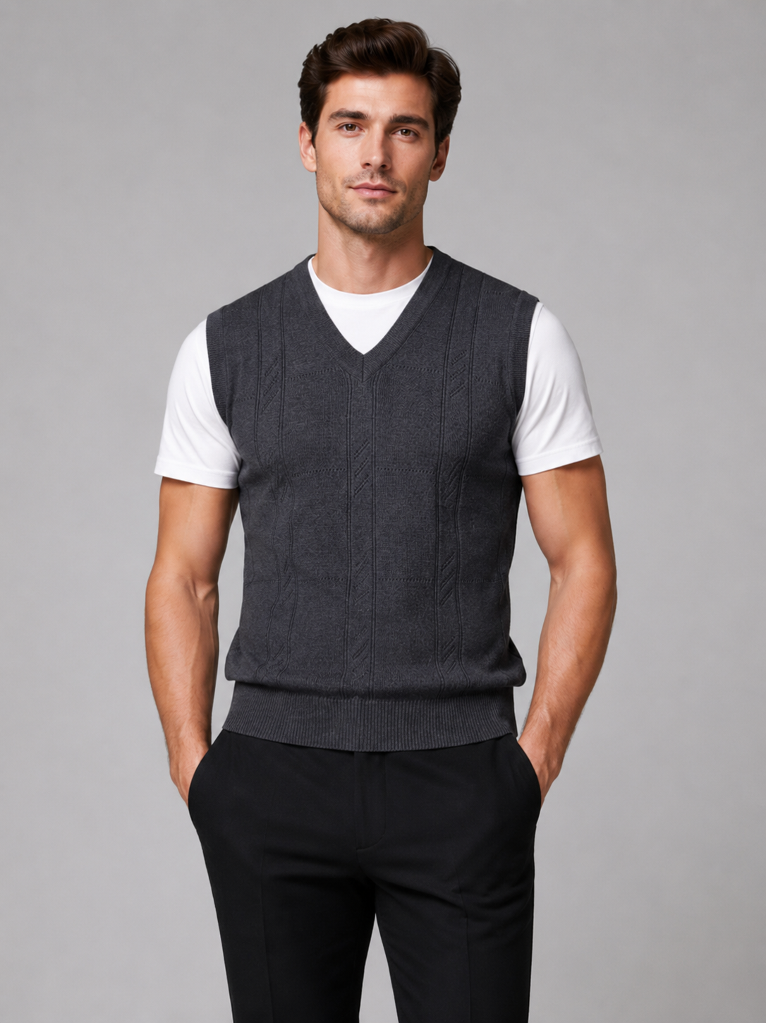 Men's sleeveless sweater vest – Dark Gray front view – Edward & Lawsen
