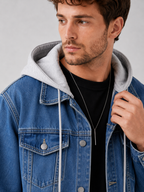 Men's hooded denim jacket – Navy detail view – Edward & Lawsen