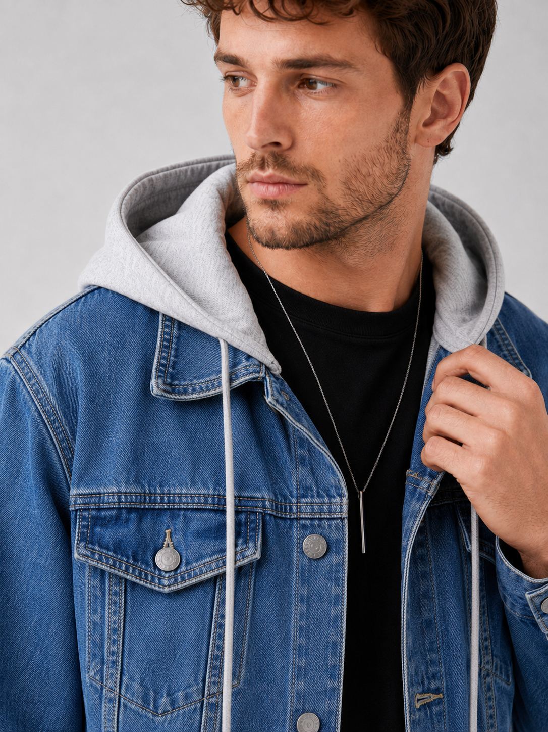 Men's hooded denim jacket – Navy detail view – Edward & Lawsen