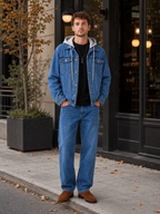 Men's hooded denim jacket – Navy lifestyle view – Edward & Lawsen