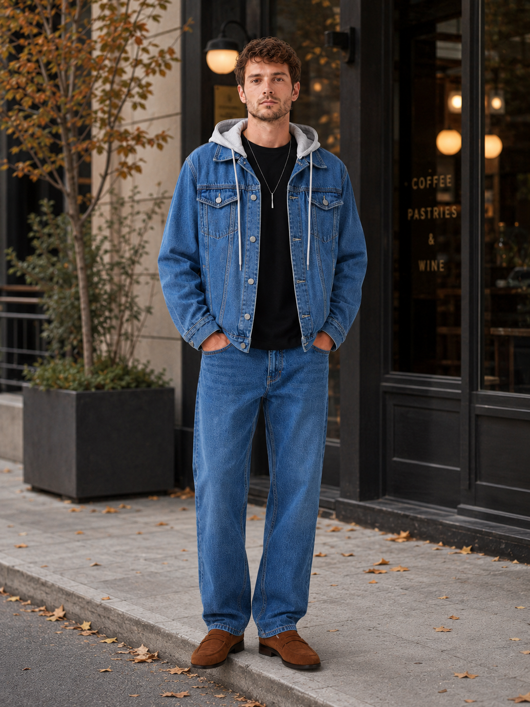 Men's hooded denim jacket – Navy lifestyle view – Edward & Lawsen