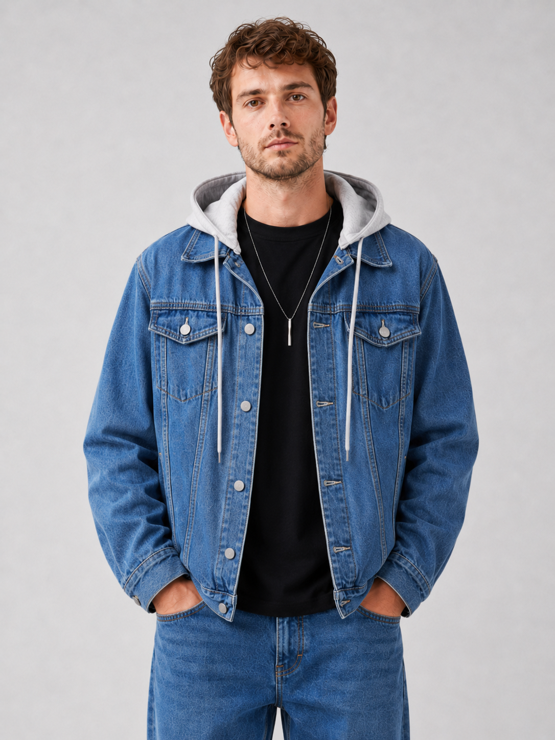 Men's hooded denim jacket – Navy front view – Edward & Lawsen