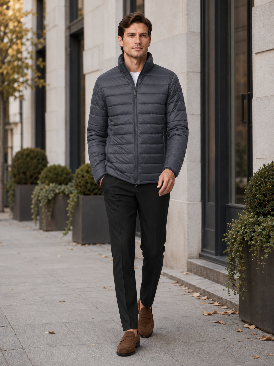 Men's puffer jacket – Granite lifestyle view – Edward & Lawsen
