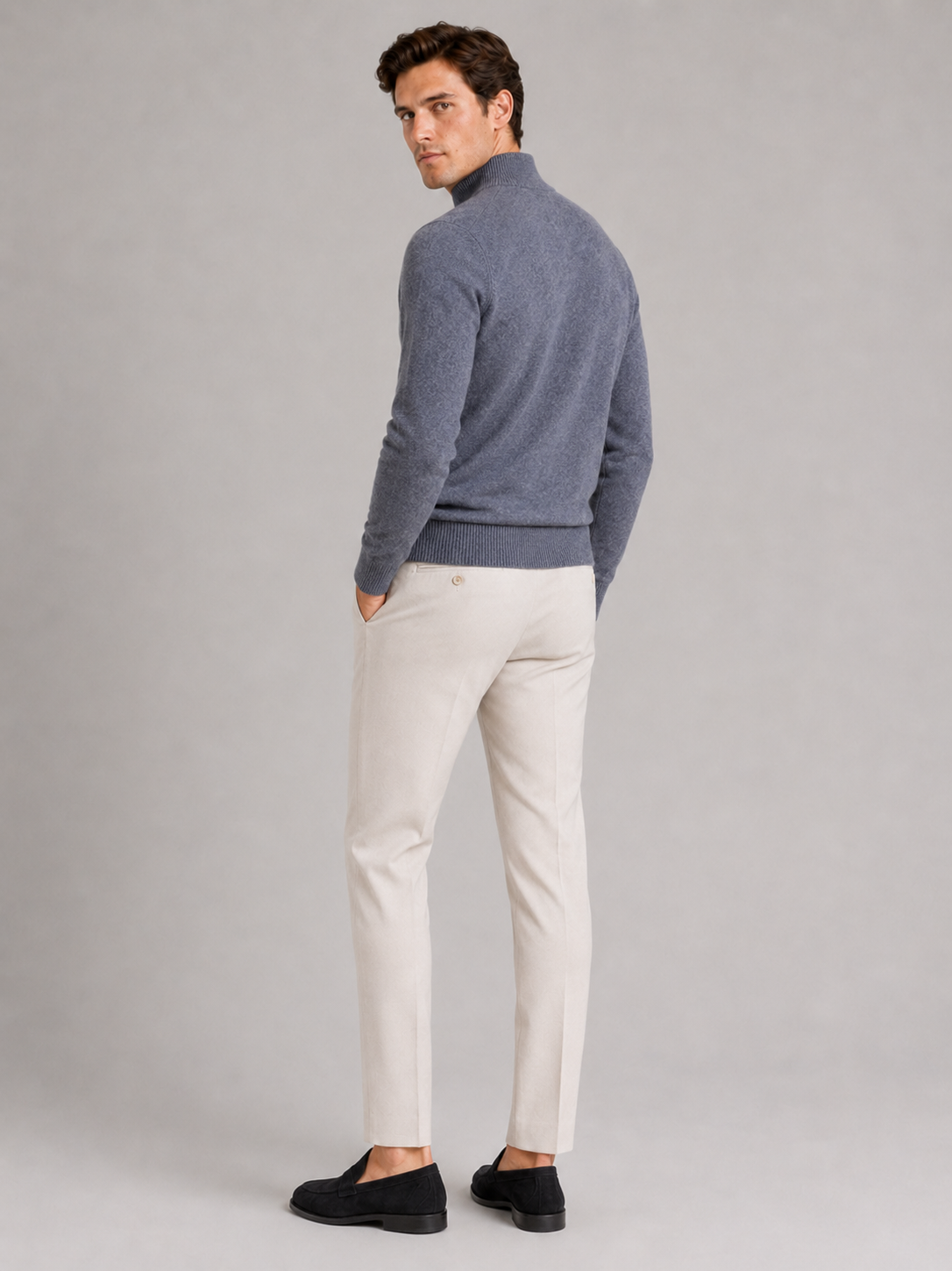 Men's wool half-zip mock neck sweater – Gray back view – Edward & Lawsen