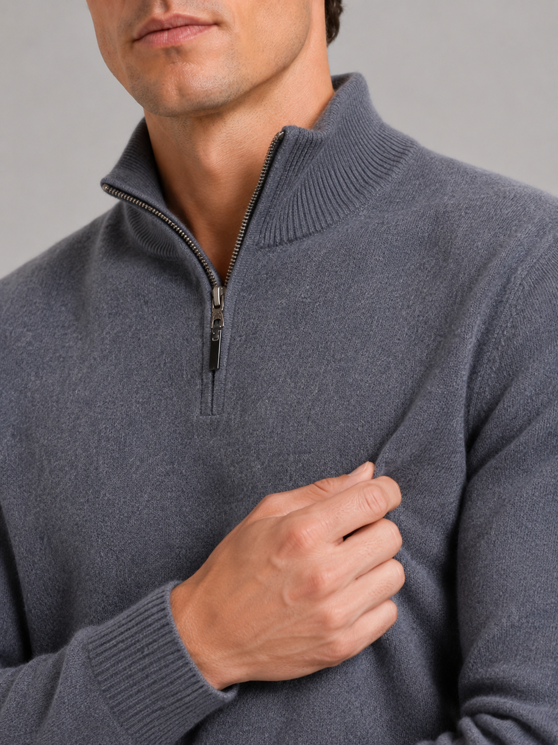 Men's wool half-zip mock neck sweater – Gray detail view – Edward & Lawsen