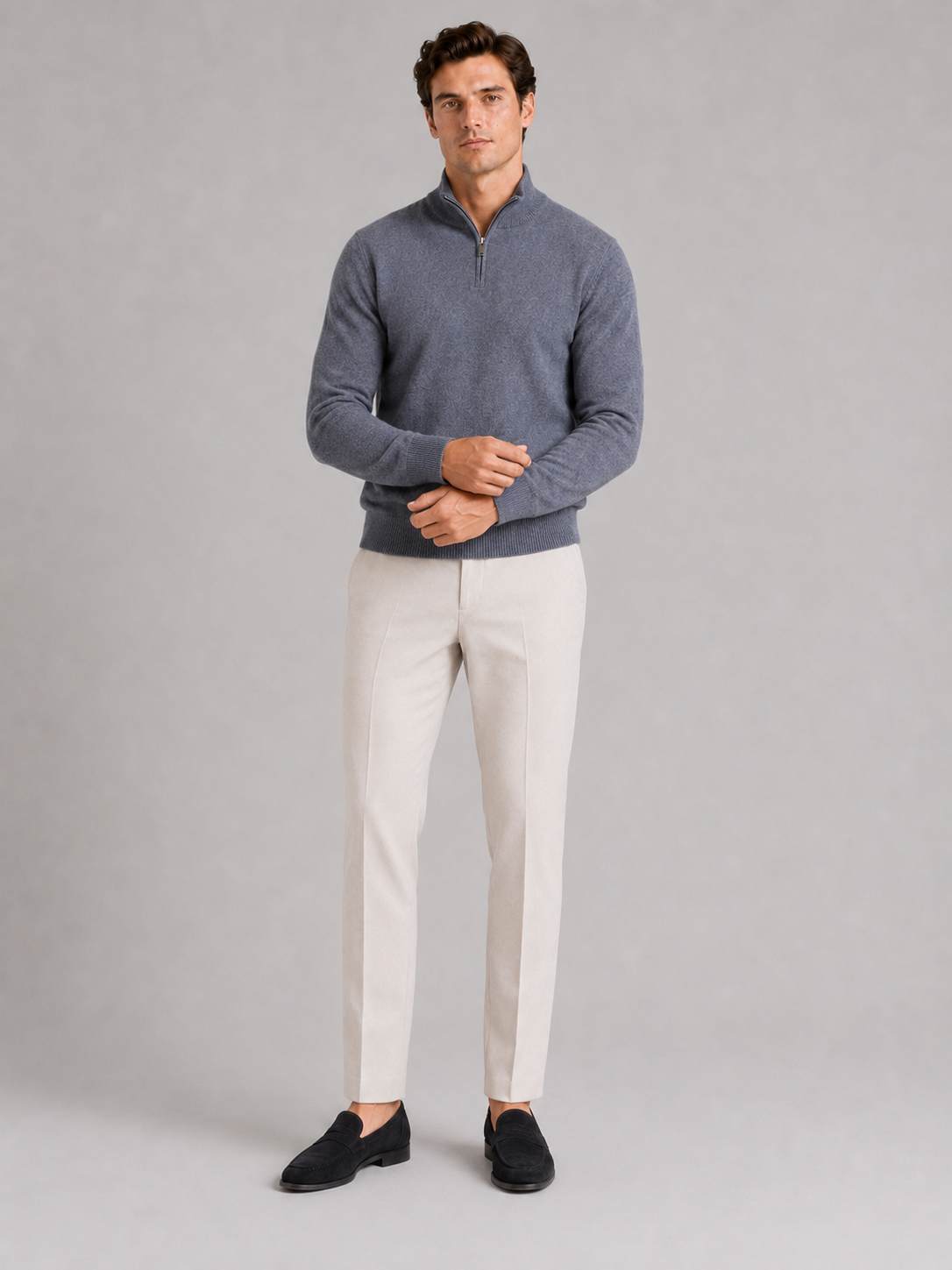 Men's wool half-zip mock neck sweater – Gray full view – Edward & Lawsen