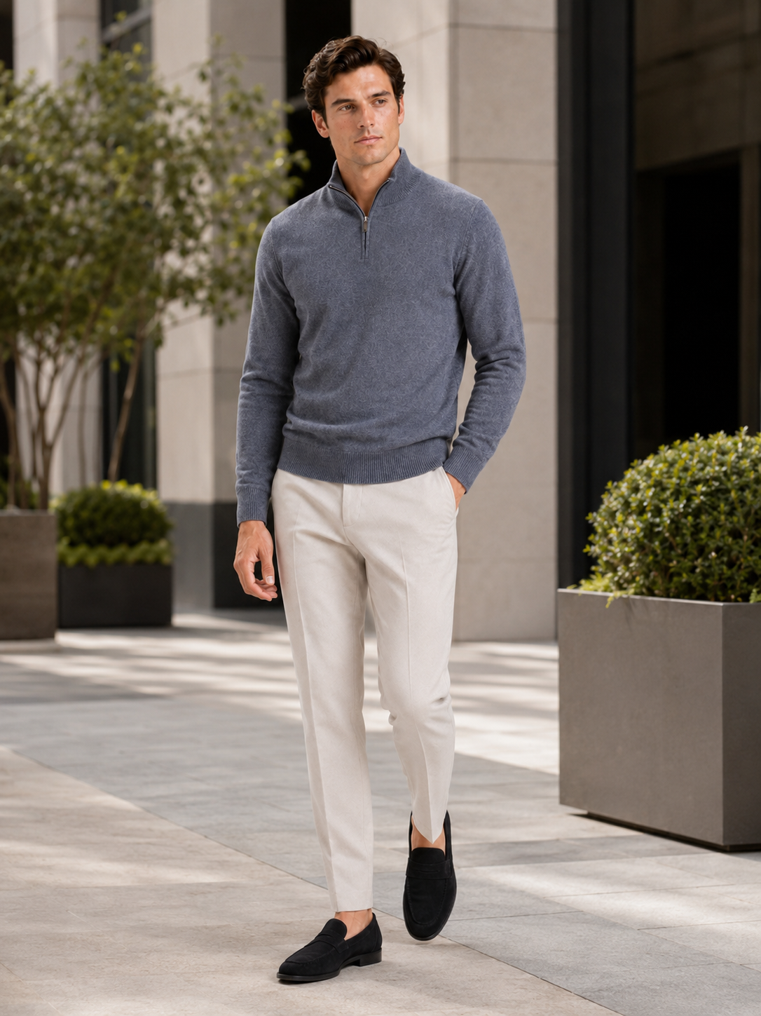 Men's wool half-zip mock neck sweater – Gray lifestyle view – Edward & Lawsen