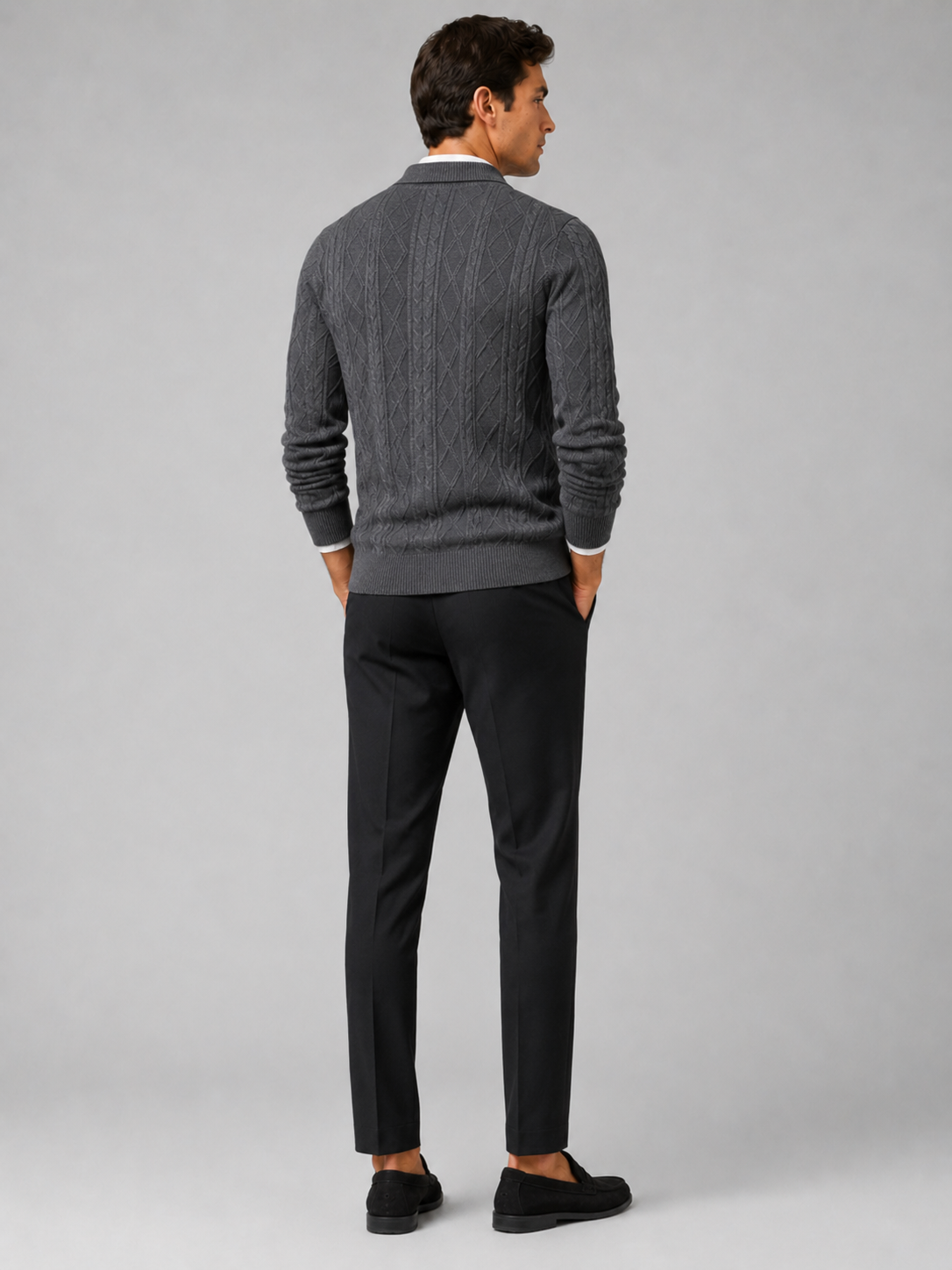 Men's argyle cable knit cardigan – Gray back view – Edward & Lawsen