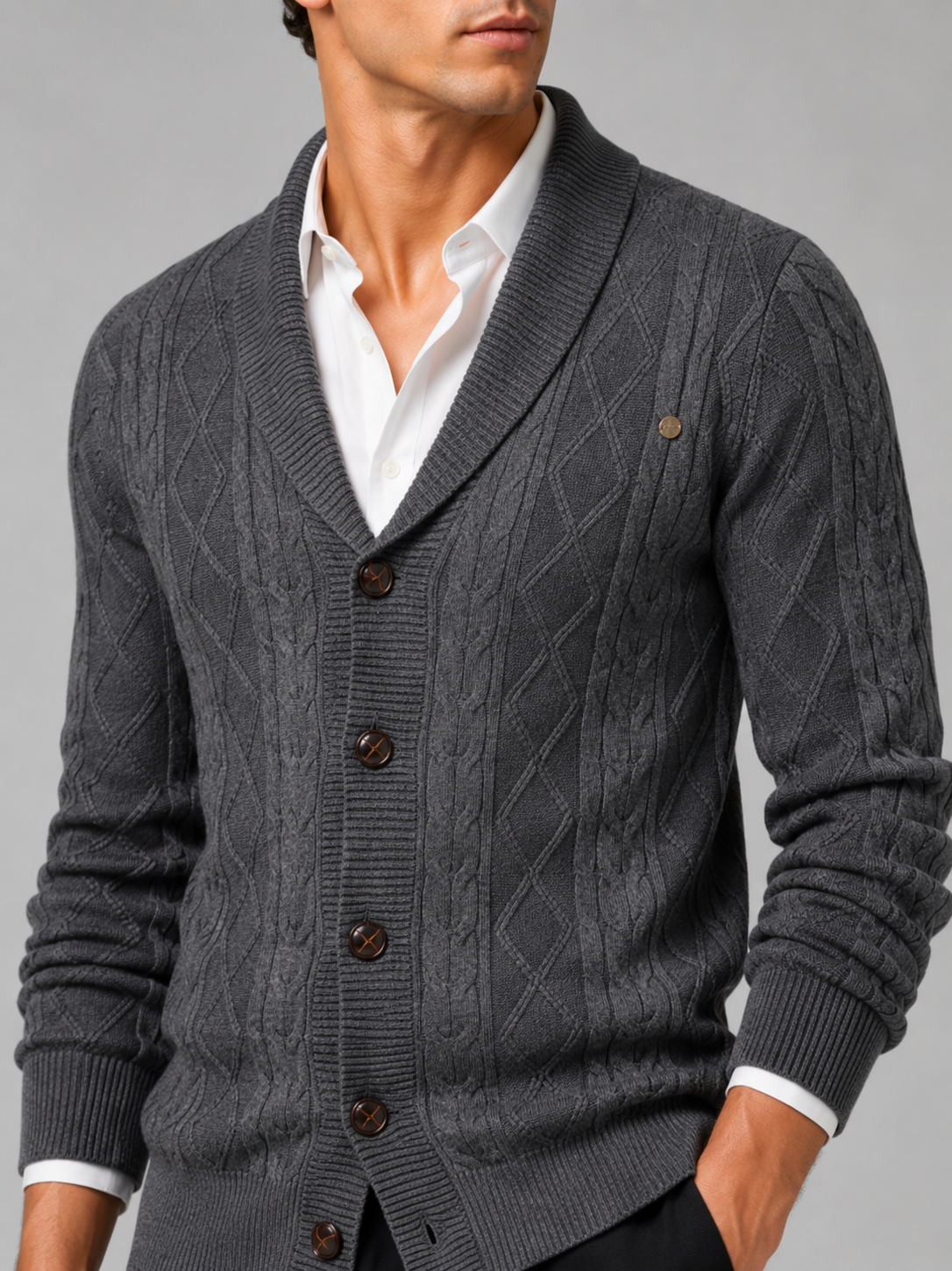 Men's argyle cable knit cardigan – Gray detail view – Edward & Lawsen