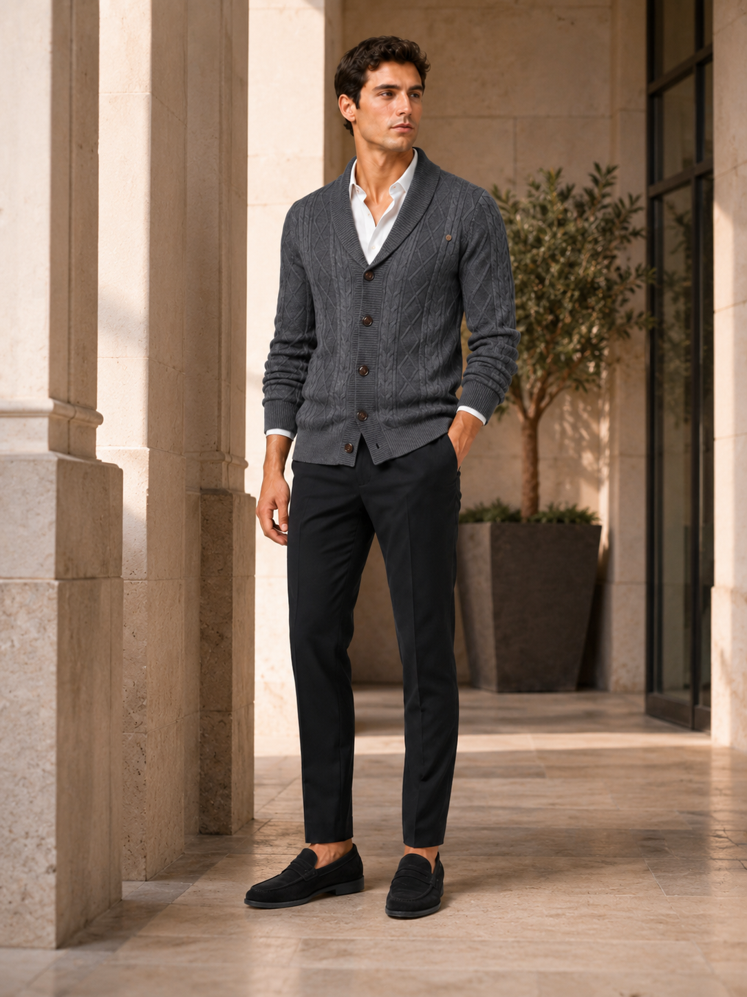 Men's argyle cable knit cardigan – Gray lifestyle view – Edward & Lawsen
