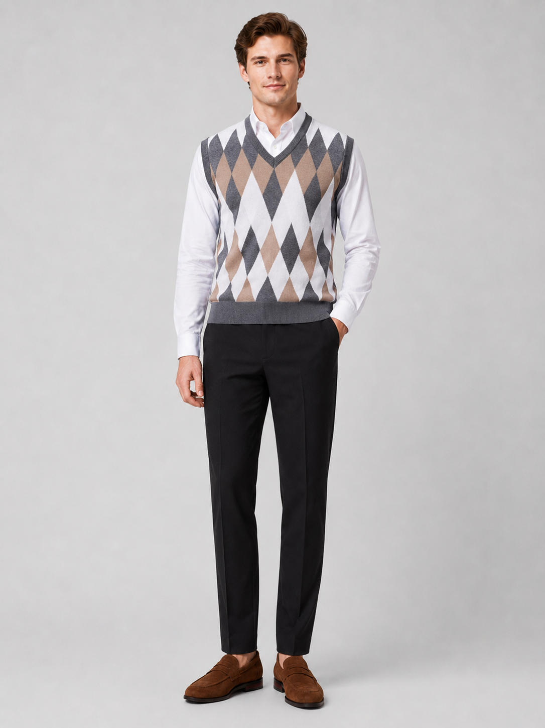 Men's argyle sweater vest – Gray full view – Edward & Lawsen