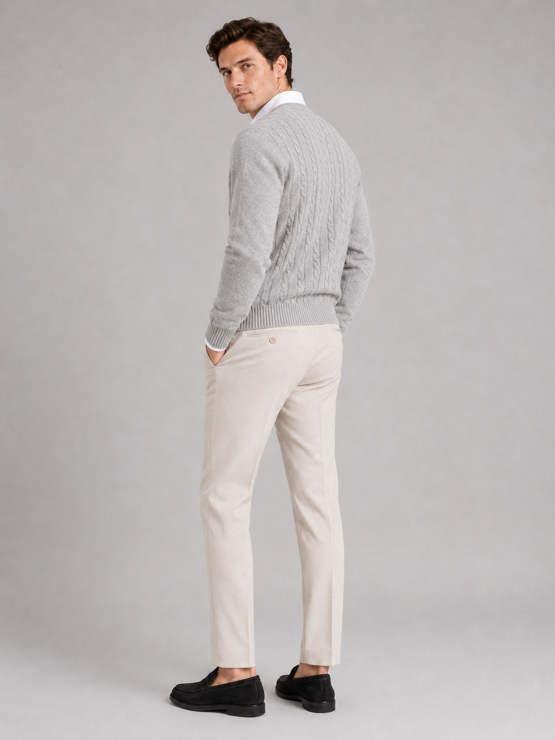 Men's cable knit V-neck cardigan – Gray back view – Edward & Lawsen