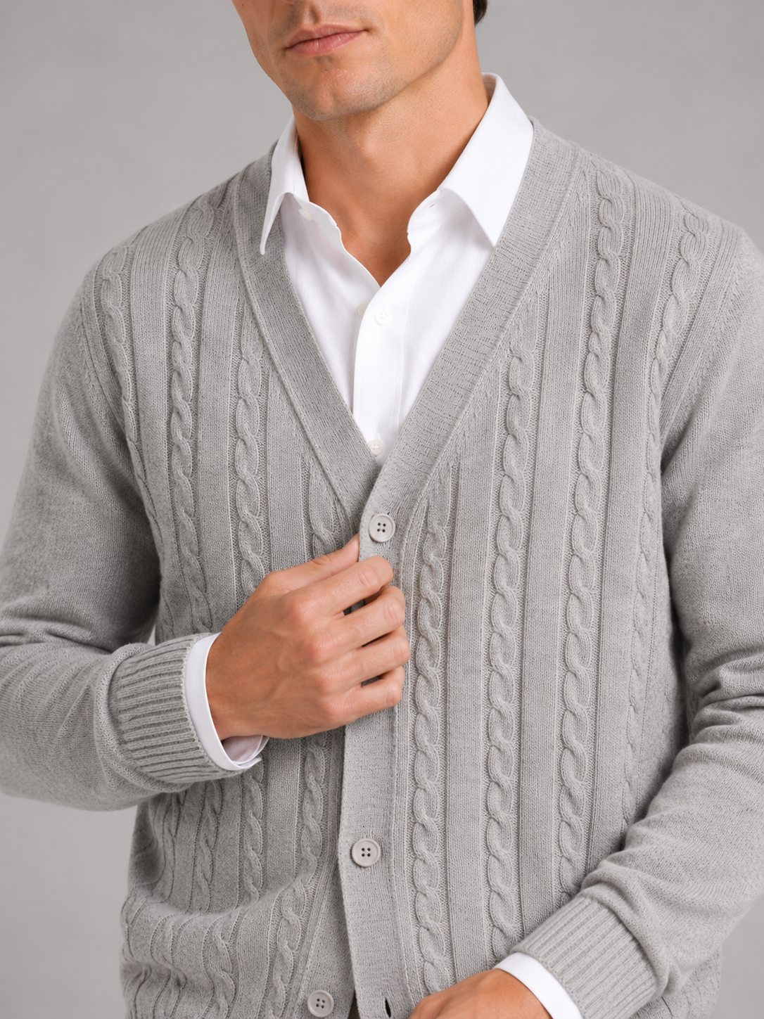 Men's cable knit V-neck cardigan – Gray detail view – Edward & Lawsen