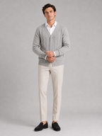 Men's cable knit V-neck cardigan – Gray full view – Edward & Lawsen