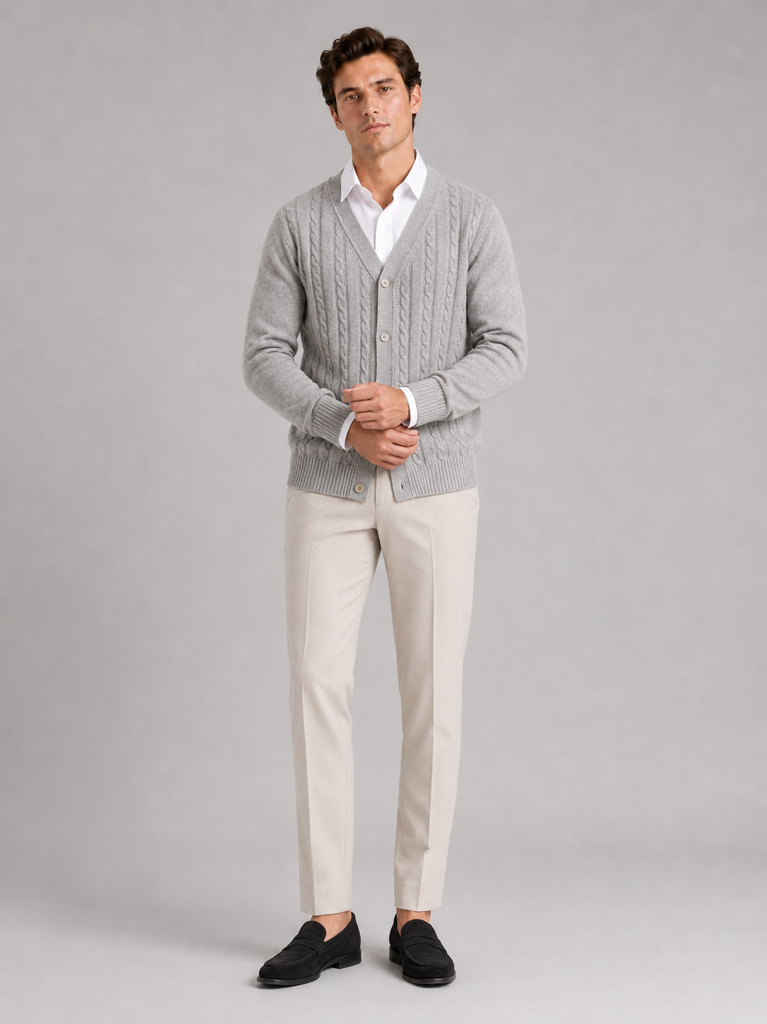 Men's cable knit V-neck cardigan – Gray full view – Edward & Lawsen