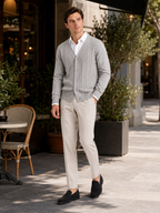 Men's cable knit V-neck cardigan – Gray lifestyle view – Edward & Lawsen
