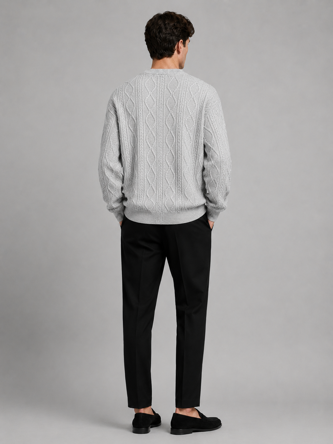 Men's diamond pattern oversized cardigan – Gray back view – Edward & Lawsen